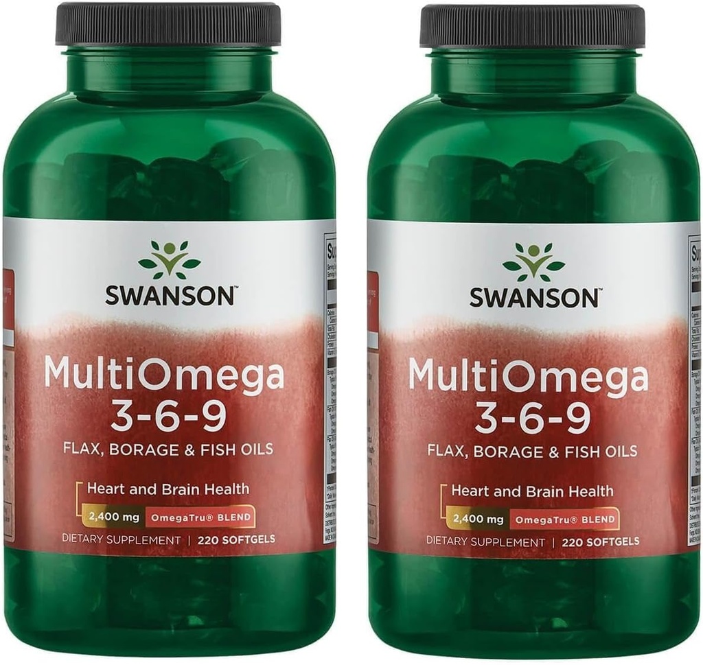 Swanson MultiOmega 3-6-9 - Capsules de lin, de bore et d'huile de poisson non OGM - Acides gras essentiels favorisant la santé cardiovasculaire et la santé du cerveau - (220 Softgels, 2400mg portion) 2 bouteilles