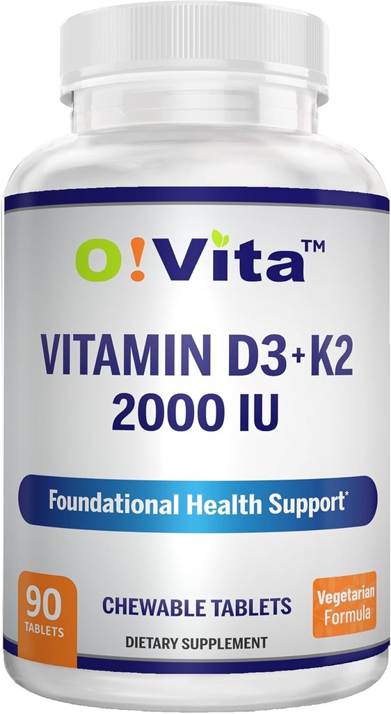 Vitamine D3 + K2 2000IU Chewable for Bone Health Support, 90 comprimés à croquer végétariens, jusqu'à 3 mois