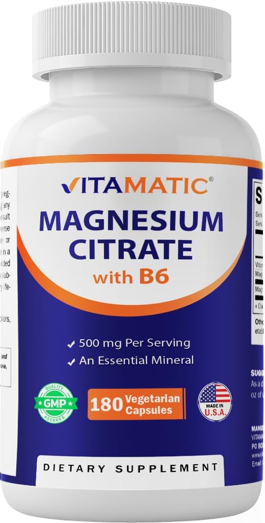 Citrate de magnésium vitamatique 500mg par portion - 180 capsules végétariennes (fournit 150 mg de magnésium élémentaire) - ajouté B6 pour l'absorption maximale - soutient la santé musculaire, articulaire et cardiaque*