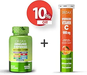 ORZAX Immune Defense 9-en-1 Supplément 60 Capsules et vitamine C 1000mg 20 Comprimés effervescants, ensemble