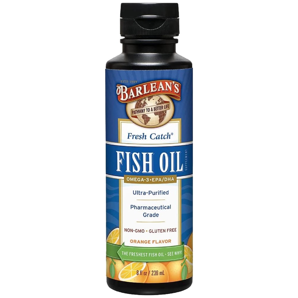 Barlean's Omega 3 Supplément liquide d'huile de poisson, 1262mg Acide gras EPA et DHA, sans OGM et sans gluten, saveur orange, 8 oz