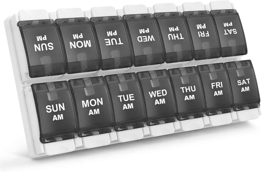 Sukuos AM PM Hebdomadaire 7 jours Pill Organizer, 2 fois par jour Pill Box with Arthritis Friendly Push Button, boîtes de médicaments pour les vitamines/huile de poisson/compléments, facile à nettoyer (noir)