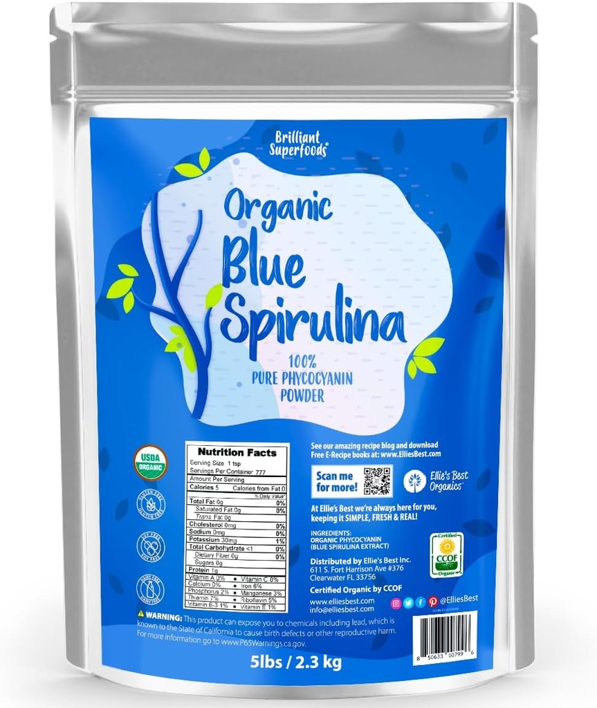 Organic Blue Spirulina Powder Superfood Supplement - 5LB Bulk - Odorless - Vegan, Non GMO, Gluten-Free, Dairy-Free, Brilliant Blue Food Coloring - Pure Water Extracted