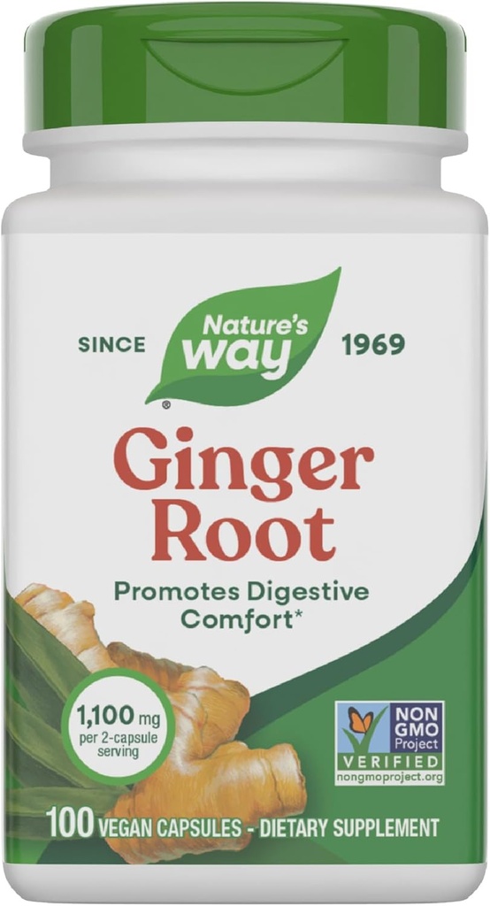 Nature's Way Ginger Root, favorise le confort digestif*, 1 100 mg par portion de 2 capsules, projet non-OGM vérifié, végétalien, 100 capsules