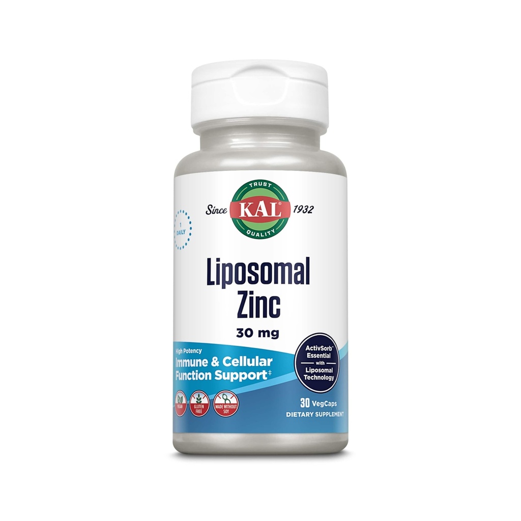 KAL Zinc liposomique 30mg, supplément de soutien cellulaire et immunitaire, suppléments de zinc d'absorption améliorée, végétalien, sans gluten, sans soja, 30 portions, 30 VegCaps