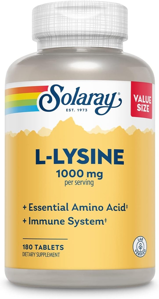 SOLARAY L-Lysine, formule libre 1000 mg, supplément de soutien immunitaire à l'acide aminé essentiel avec vitamine C 1000 mg et Zinc 25 mg, taille de la valeur, laboratoire vérifié, garantie de 60 jours, 60 portions, 180 comprimés
