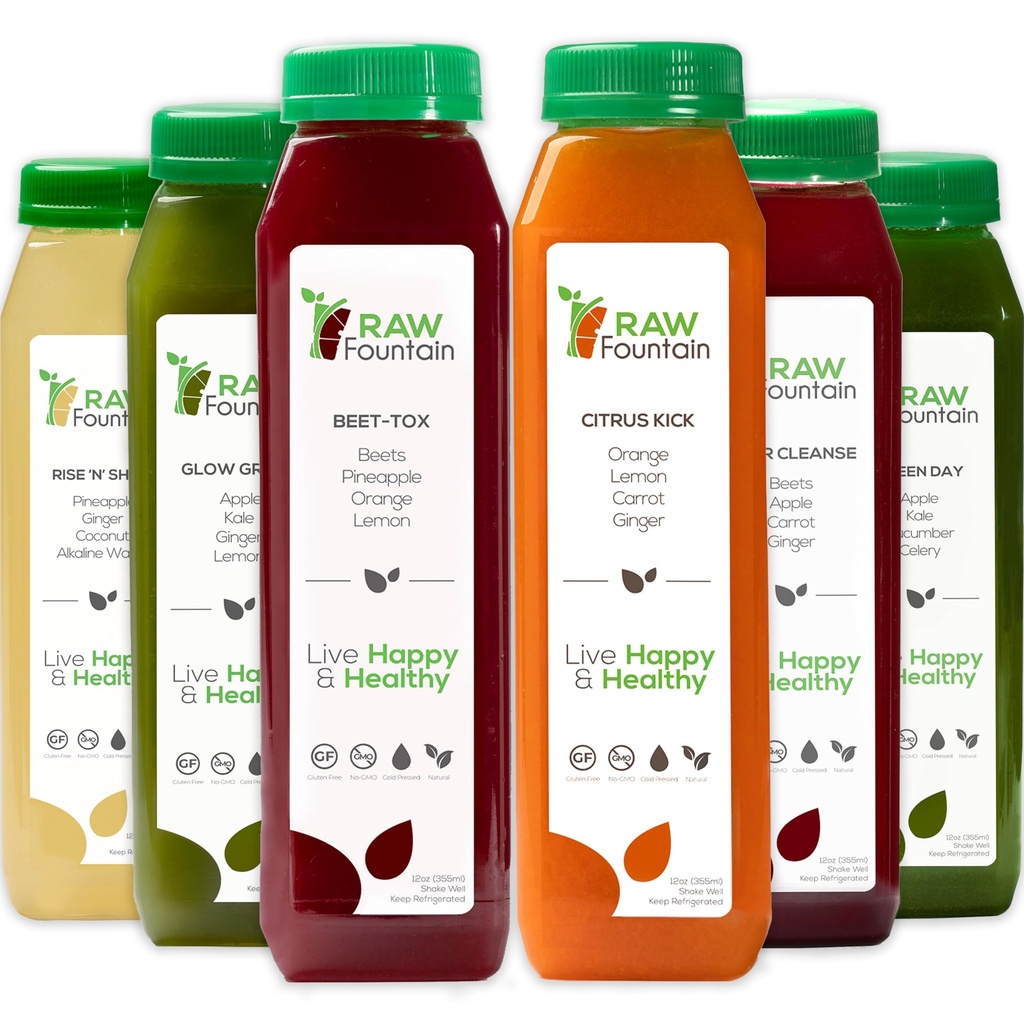 1 jour de nettoyage de jus par fontaine crue, tout naturel detox nettoyage, jus pour la réinitialisation du corps, jus pressé froid rapide, excellente façon de démarrer une alimentation saine 6 bouteilles 12oz