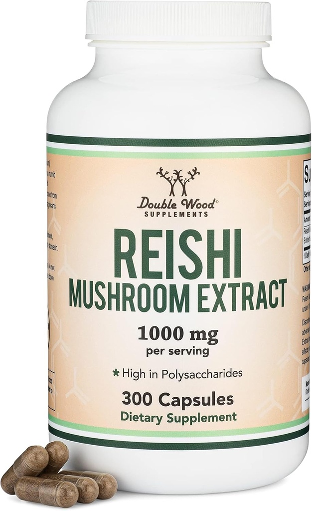 Capsules Reishi Mushroom (4:1 Extrait de Ganoderma, 1000mg Rouge Reishi portions en poudre) 300 Compte, 5 mois d'approvisionnement, Potent Mushroom Supplément pour le système immunitaire et la défense par Double Wood