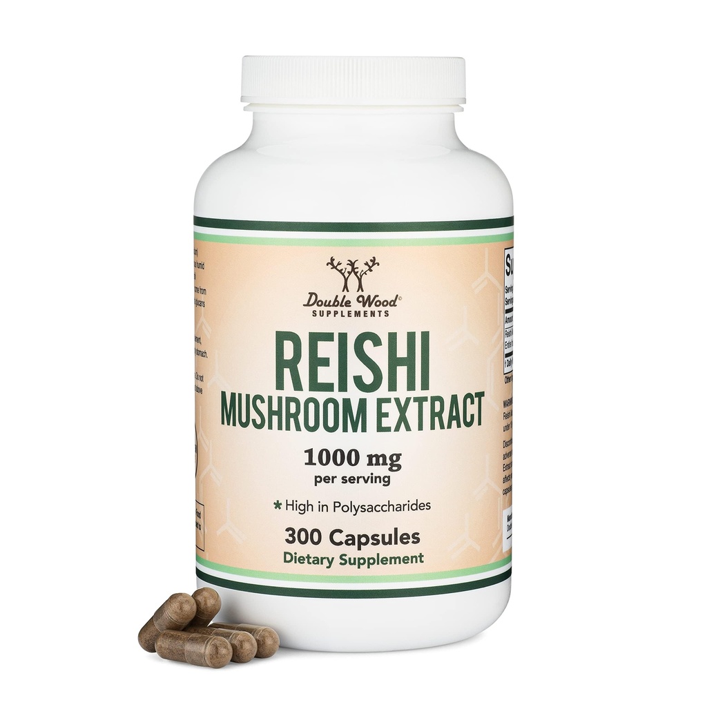 Capsules Reishi Mushroom (4:1 Extrait de Ganoderma, 1000mg Rouge Reishi portions en poudre) 300 Compte, 5 mois d'approvisionnement, Potent Mushroom Supplément pour le système immunitaire et la défense par Double Wood