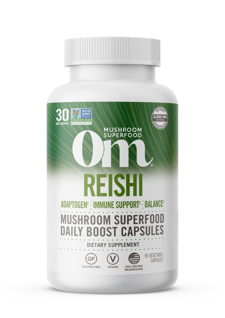 OM MUSHROOM SUPERFOOD Reishi Mushroom Capsules Superfood Supplement, 90 Count, 30 Days, Organic Adaptogen for Stress Relief and Immune Health