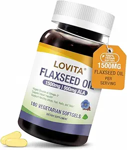 Lovita Huile de lin végétalien 1500mg avec 900mg ALA Oméga-3 6 9, supplément de lin pressé à froid, soutien cardiaque, cerveau, articulaire et santé de la peau, sans OGM et sans gluten, 540 Softgels