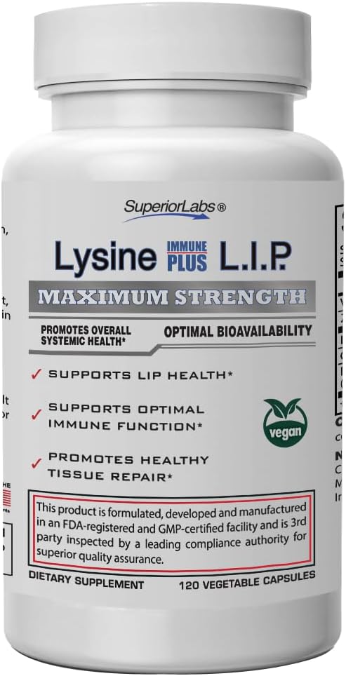 Superior Labs Lysine Immune Plus Lip, cliniquement prouvé santé des lèvres et soutien, L-Lysine Bound à HCI pour la stabilité optimale et l'absorption pour des résultats rapides, bioactif avec des additifs nuisibles zéro