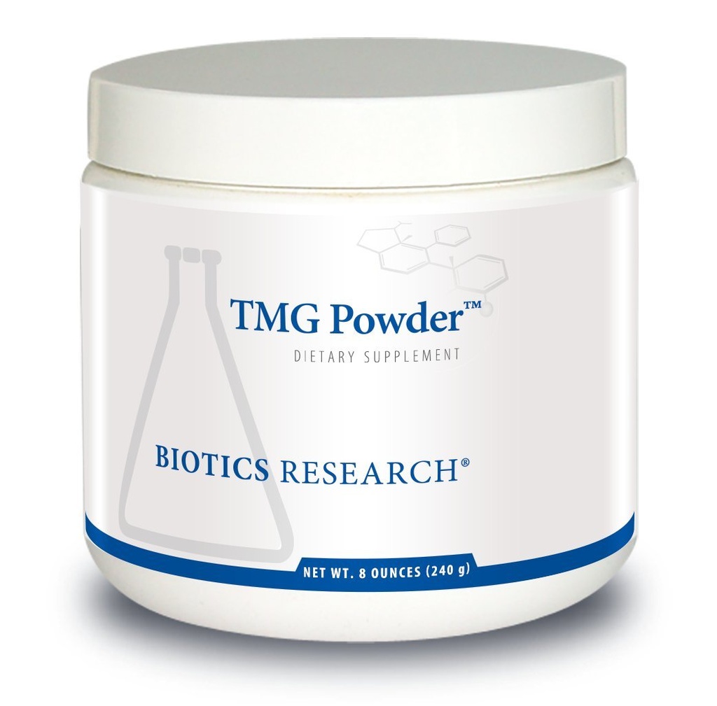 Recherche en biotique TMG Poudre – Triméthylglycine. Bêtaine. Formule en poudre. Donateur de méthyle. Protection vasculaire. Gain musculaire. Détoxification. Soutien des niveaux d'homocystéine sains Contient: 8 Oz (240g)