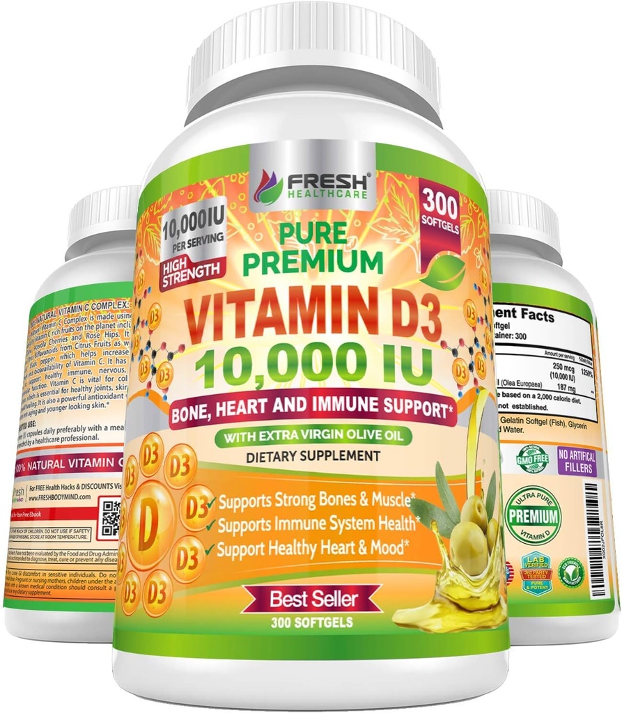 Vitamine D3 10000 UI de soins de santé frais (250mcg) avec huile d'olive vierge extra - Soutien immunitaire - 300 Softgels pour les articulations, os, muscles et l'humeur santé - Supplément de vitamine D non-OGM