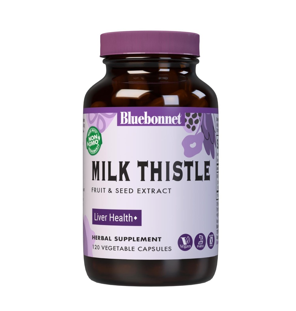BlueBonnet Nutrition Thistle de lait Extrait de fruits et de semences, santé du foie*, non OGM, végétalien, certifié Casher, sans gluten, sans soja, 120 capsules végétales, 120 portions