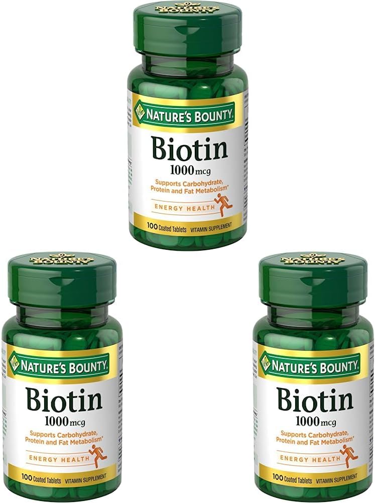 Biotine Bounty de la nature, supplément de vitamine, soutient le métabolisme pour l'énergie cellulaire et les cheveux, la peau et les ongles sains, 1000 mcg, 100 comprimés (paquet de 3)