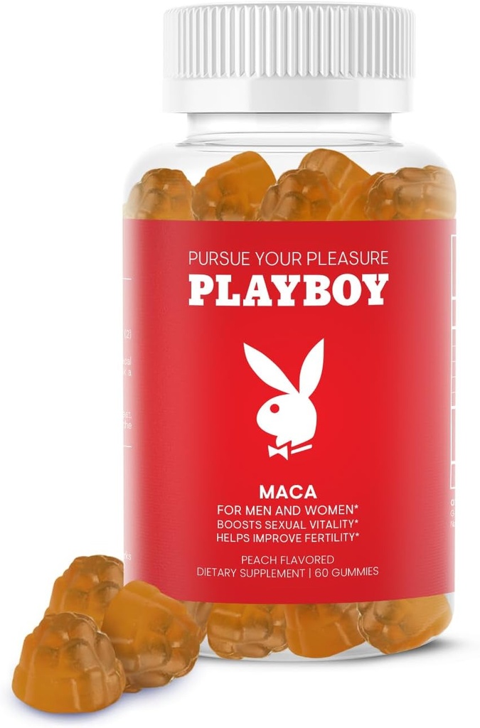 Playboy - Maca Root Gummies pour les femmes et les hommes (60 Comte - Pêche aromatisée) - Boost Vitalité sexuelle, Libido, Fertilité - Maca Gummies Supplément - 100% naturel, végétalien non OGM - 4:1 Extrait Maca Pérouana
