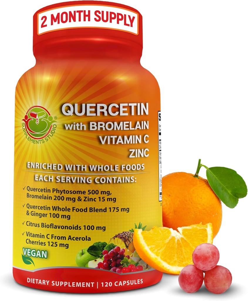 Quercetine à la vitamine C et au zinc enrichi avec des aliments entiers biologiques - 1215mg par portion - Quercetin Phytosome 500mg Capsules avec gingembre et flavonoïdes pour le soutien immunitaire - 120 Compte