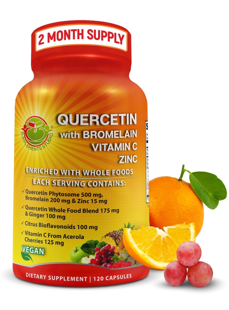 Quercetine à la vitamine C et au zinc enrichi avec des aliments entiers biologiques - 1215mg par portion - Quercetin Phytosome 500mg Capsules avec gingembre et flavonoïdes pour le soutien immunitaire - 120 Compte