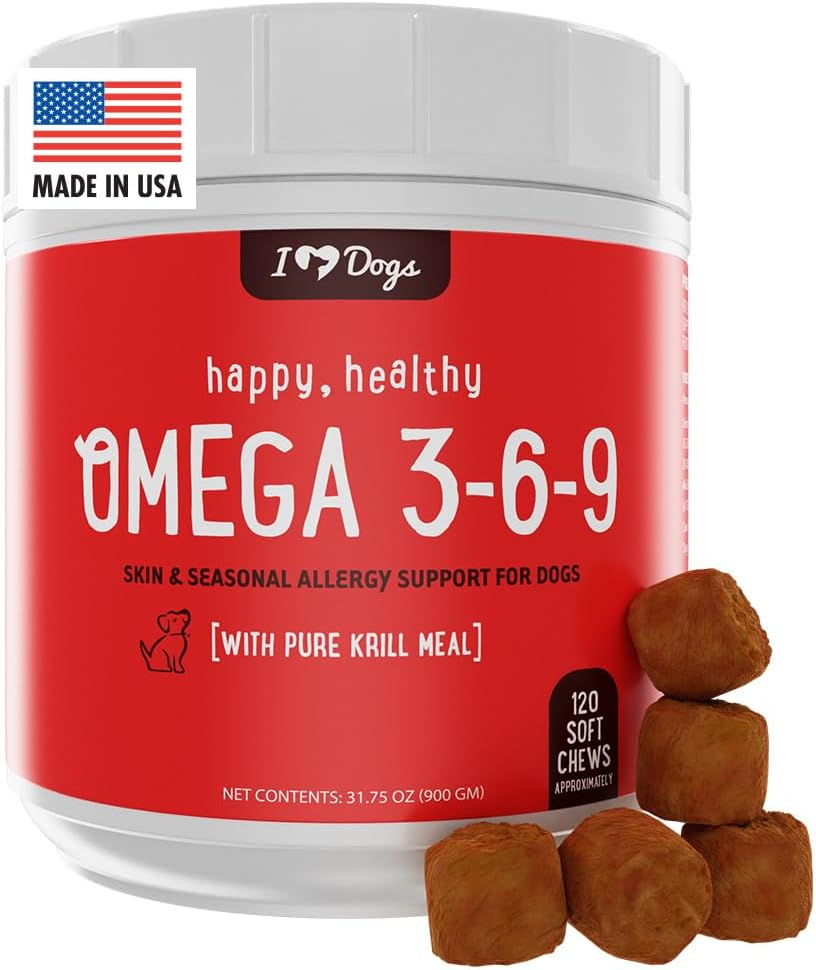 iHeartDogs Omega 3-6-9 pour les chiens - Supplément d'huile de poisson pour la peau et la fourrure pour les chiens à l'huile de krill pur antarctique - Allégations et démangeaisons Skin Chews, 120 Compte