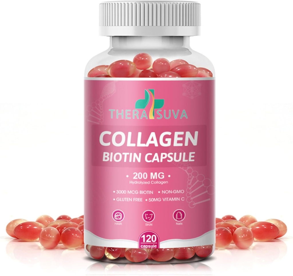 Multi Collagen Complex 200MG + Biotin 3000MCG + Vitamine C 50MG - Promotion des cheveux sains, belle peau et soutien des ongles! 120 capsules, 60 jours d'approvisionnement
