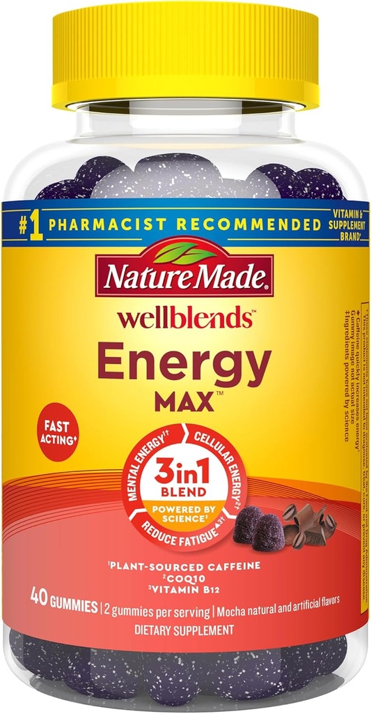 Nature faite Wellblends EnergyMAX Gommies, caféine à action rapide, CoQ10 et vitamine B12 1000mcg, soutien énergétique Vitamines gommy, 40 Gommies