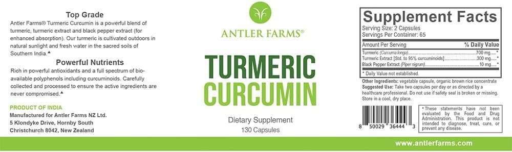 Fermes Antler – Curcumine curcuma pur à 100%, 130 capsules, 95% Curcuminoïdes et extrait de poivre noir, absorption améliorée – végétalien, non OGM, sans gluten, soja ou laiterie