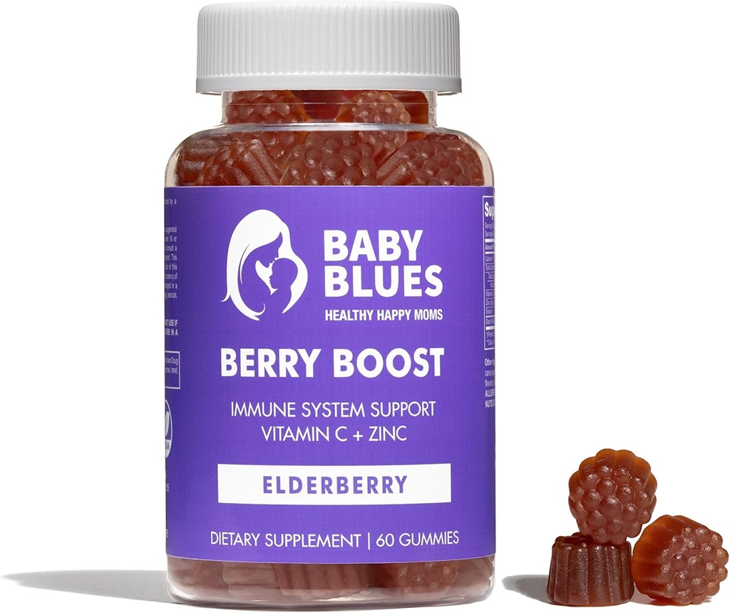 Baby Blues Berry Boost pour les mamans, Immunity Elderberry Gummies Supplément de soutien immunitaire avec vitamine C et zinc pour les adultes, système immunitaire non-OGM vitamines Booster Vegan sans gluten Gummies, 60pcs
