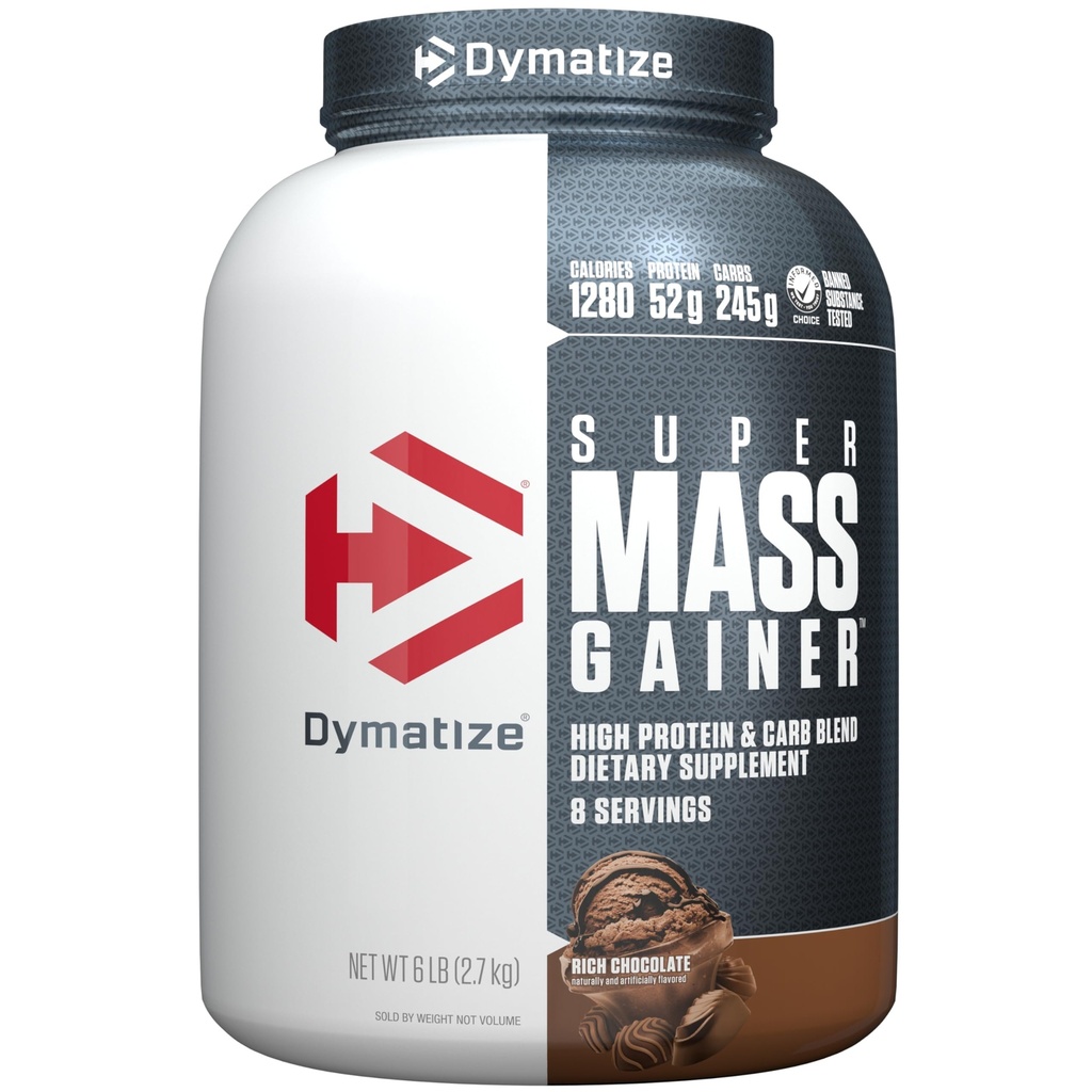 Dymatiser la poudre de protéines Super Mass Gainer, chocolat riche, 52g de protéines, 1g de créatine, 1280 calories, 10,7g BCAA, 245g de glucides, contient de la poudre de protéines de lactosérum, de l'isolat et de la caséine (8 portions)