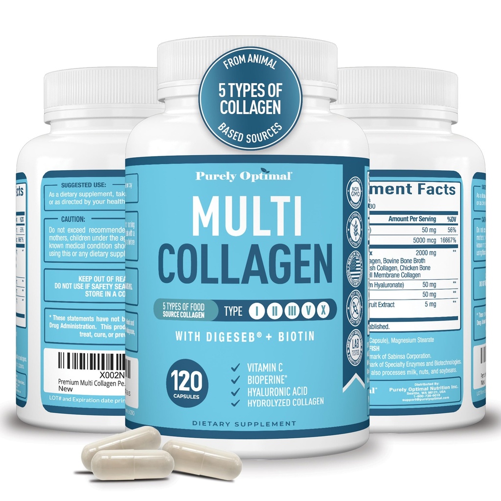 Peptides multicollagènes Premium (types I, II, II, V, X) - Pilules de collagène pour soins de la peau, croissance des cheveux, ongles et articulations - Vitamine C, acide hyaluronique, biotine, sans gluten - 120 gélules de collagène