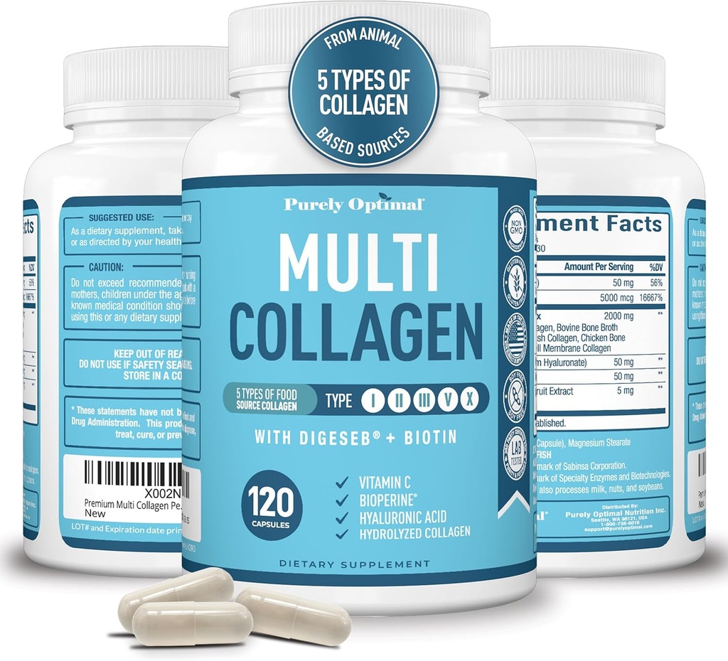 Premium Multi Collagen Peptides (Types I, II, II, V, X) - Collagen Pills for Skin Care, Hair Growth, Nails & Joints - Vitamin C, Hyaluronic Acid, Biotin, Gluten Free - 120 Collagen Capsules