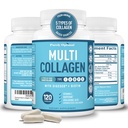 Peptides multicollagènes Premium (types I, II, II, V, X) - Pilules de collagène pour soins de la peau, croissance des cheveux, ongles et articulations - Vitamine C, acide hyaluronique, biotine, sans gluten - 120 gélules de collagène