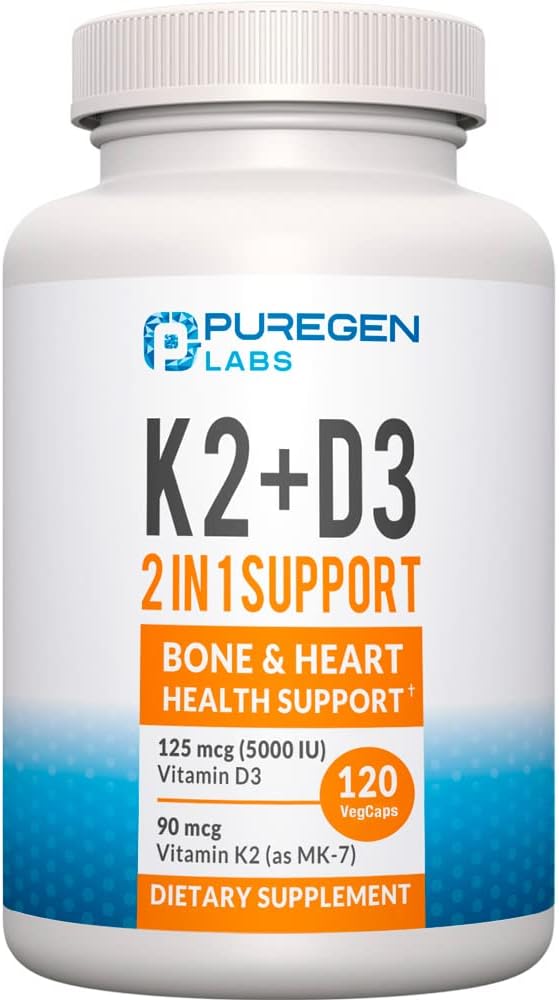 2 en 1 Formule de haute puissance 90mcg Vitamine K2 (MK7) et 5000 UI Vitamine D3 Supplément pour la santé des os et du coeur. Formule non-OGM, Complexe Vitamine D & K facile à avaler, 120 capsules I 4 mois