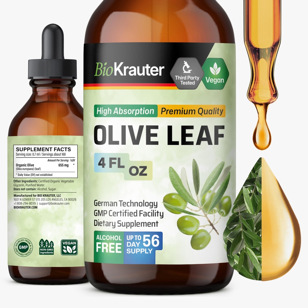 BIO KRAUTER extrait de feuille d'olive liquide - Teinture de feuille d'olive pour le soutien immunitaire - Sans alcool et sans sucre - gouttes de végétalien 4 Fl.Oz.