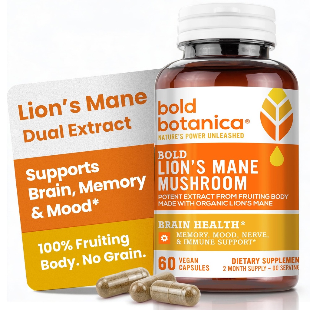 Capsules de champignons de la Mane Bold Botanica Lion - 100% Corps fruitier – Extraits de la Mane biologique concentrée – Santé Nootropique du cerveau – Mémoire, Mood, Immune Support – 60 Capsules Vegan
