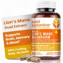 Capsules de champignons de la Mane Bold Botanica Lion - 100% Corps fruitier – Extraits de la Mane biologique concentrée – Santé Nootropique du cerveau – Mémoire, Mood, Immune Support – 60 Capsules Vegan