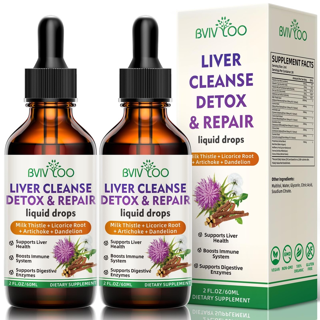 2 paquets de gouttes liquides pour la santé du foie - 2000mg Thistle de lait, racine de dandelion, artichaut, extrait de silymarin, et herbes curcuma - végétalien, non-OGM - 4 Fl Oz (120ml)