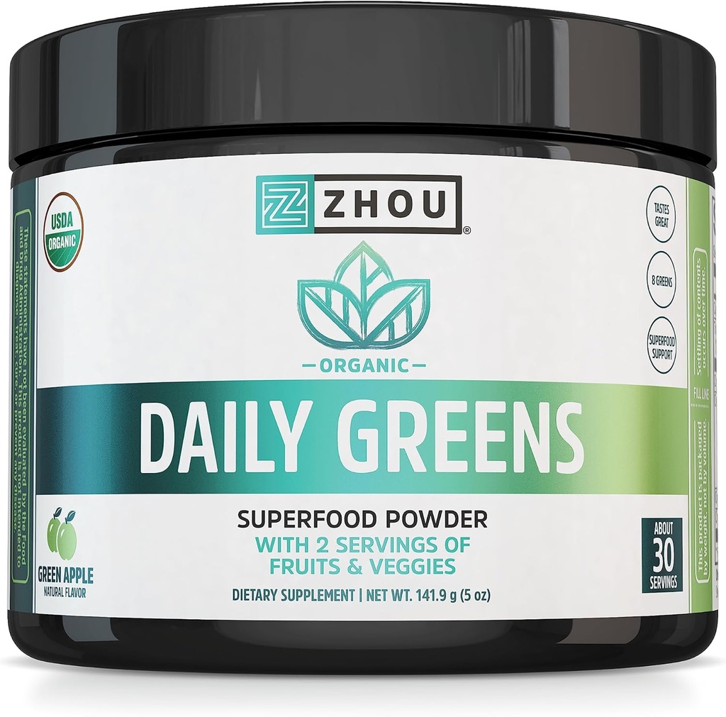 ZHOU Nutrition USDA Bio Supergreens Poudre, Superfood Smoothie Juice Mix, Spirulina, Chlorella, Wheatgrass, Kale, Fibre, Immune et soutien énergétique, Vegan, Non-OGM, 30 portions