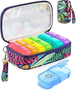 Organisateur hebdomadaire de pilules 7 jours 2 fois par jour avec sac imprimé Maple-Leaf, AMOOS AM PM Pill Holder avec sac en toile léger, boîte à pilules grand sans BPA pour la vitamine, supplément, médicaments, huile de poisson