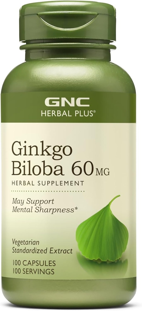 GNC Herbal Plus Ginkgo Biloba Supplément 60mg, Végétarien, Soutient la Sharpness Mentale, 100 Servitions