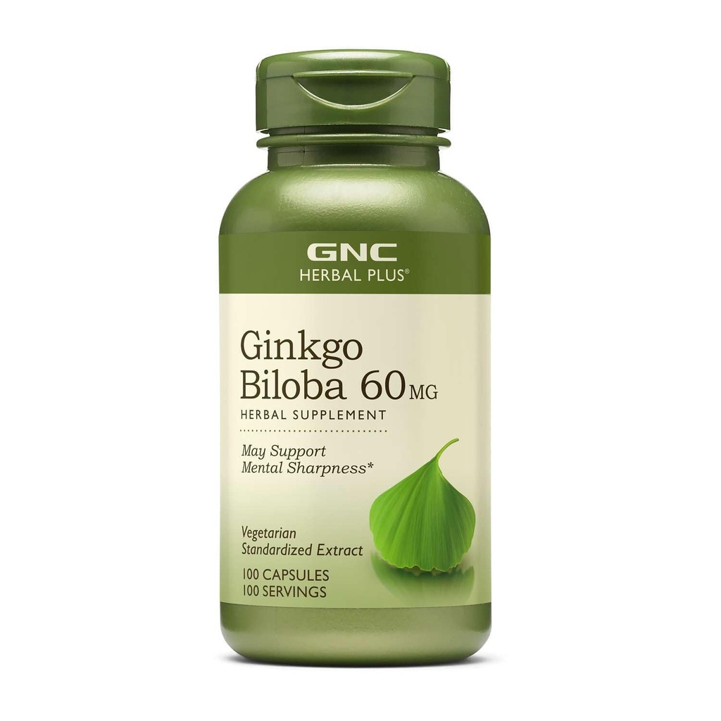 GNC Herbal Plus Ginkgo Biloba Supplément 60mg, Végétarien, Soutient la Sharpness Mentale, 100 Servitions