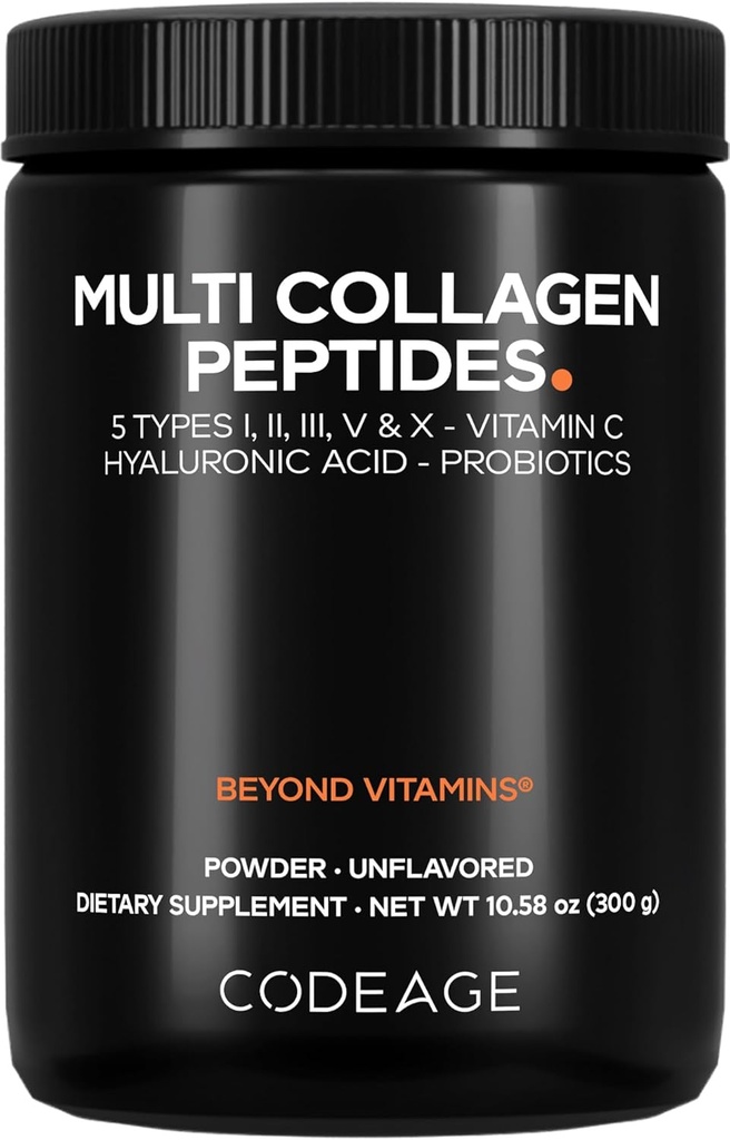 Codeage Multi Collagen Peptides Powder + Probiotics Black Edition, Vitamin C, Hyaluronic Acid Powder Supplement, Grass-Fed, Hydrolyzed, Zero Carbs, Type I, II, III, V & X, Unflavored, 10.58oz