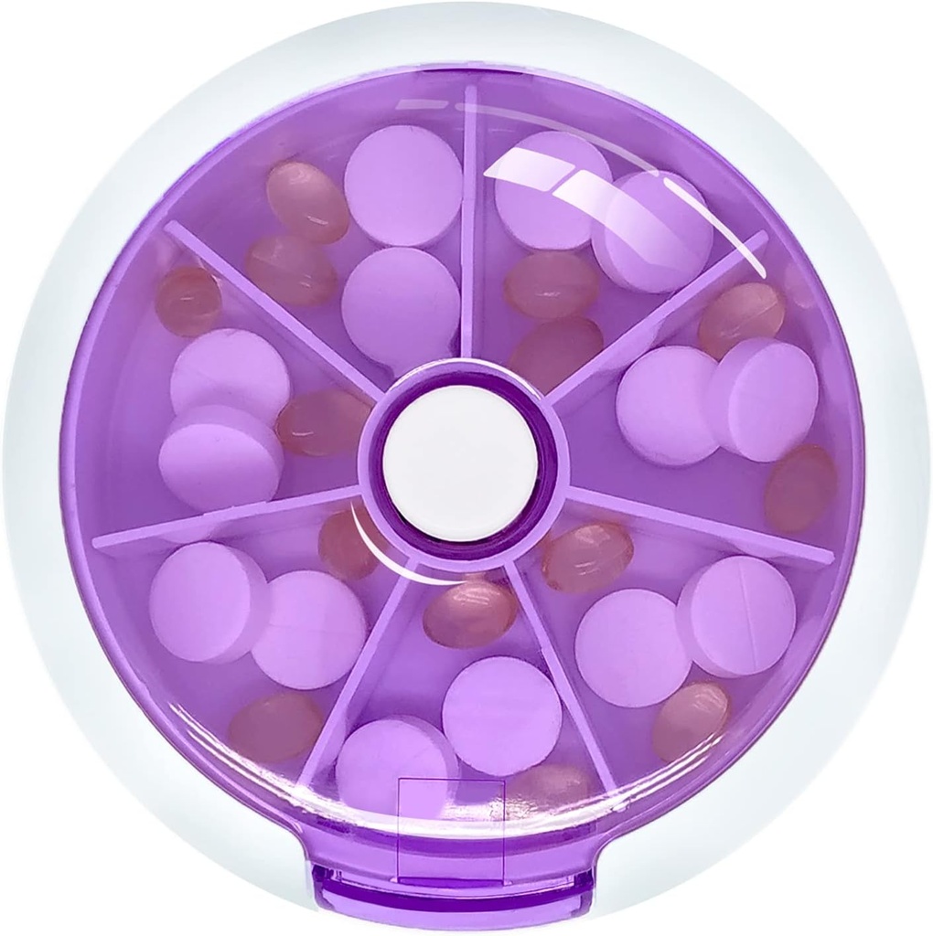Pill Cases Weekly INVODA Pill Organizer 7 Day 3 Times Medicine Pill Dispenser Push Button Rotate Pill Planner with 7 Compartments (Purple)