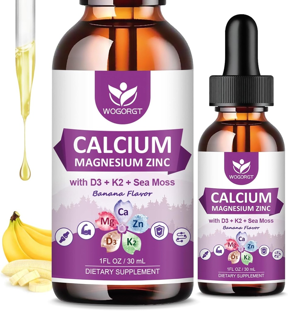 Citrate de calcium 1000mg avec vitamine D3 pour les femmes et les hommes - supplément de zinc de magnésium de calcium liquide D3 K2 pour os, soutien des dents, sans sucre, végétalien, banane parfum - 1 Fl Oz (2 pack)