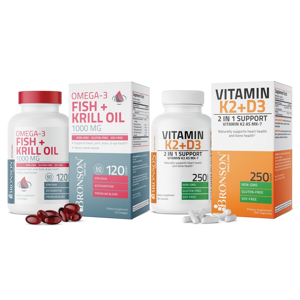 Bronson Vitamine K2 (MK7) avec supplément D3 Oméga-3 Poisson + huile de krill 1000 MG