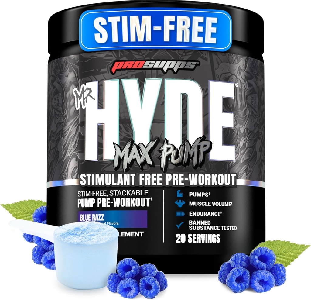 PROSUPPS M. Hyde Max Pump Pre Workout Powder - Stim-Free Preworkout supporte le débit sanguin, le volume musculaire et l'endurance - sans caféine oxydé ni suppléments de fitness (Razz bleu, 20 portions)