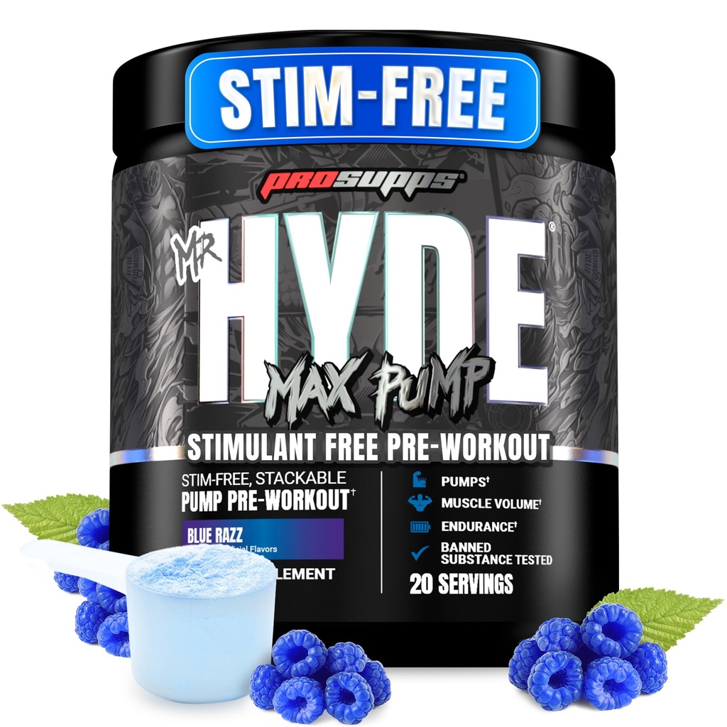 ProSupps M. Hyde Max Pump Pre Workout Powder - Stim-Free Preworkout supporte le débit sanguin, le volume musculaire et l'endurance - sans caféine oxydé ni suppléments de fitness (Razz bleu, 20 portions)