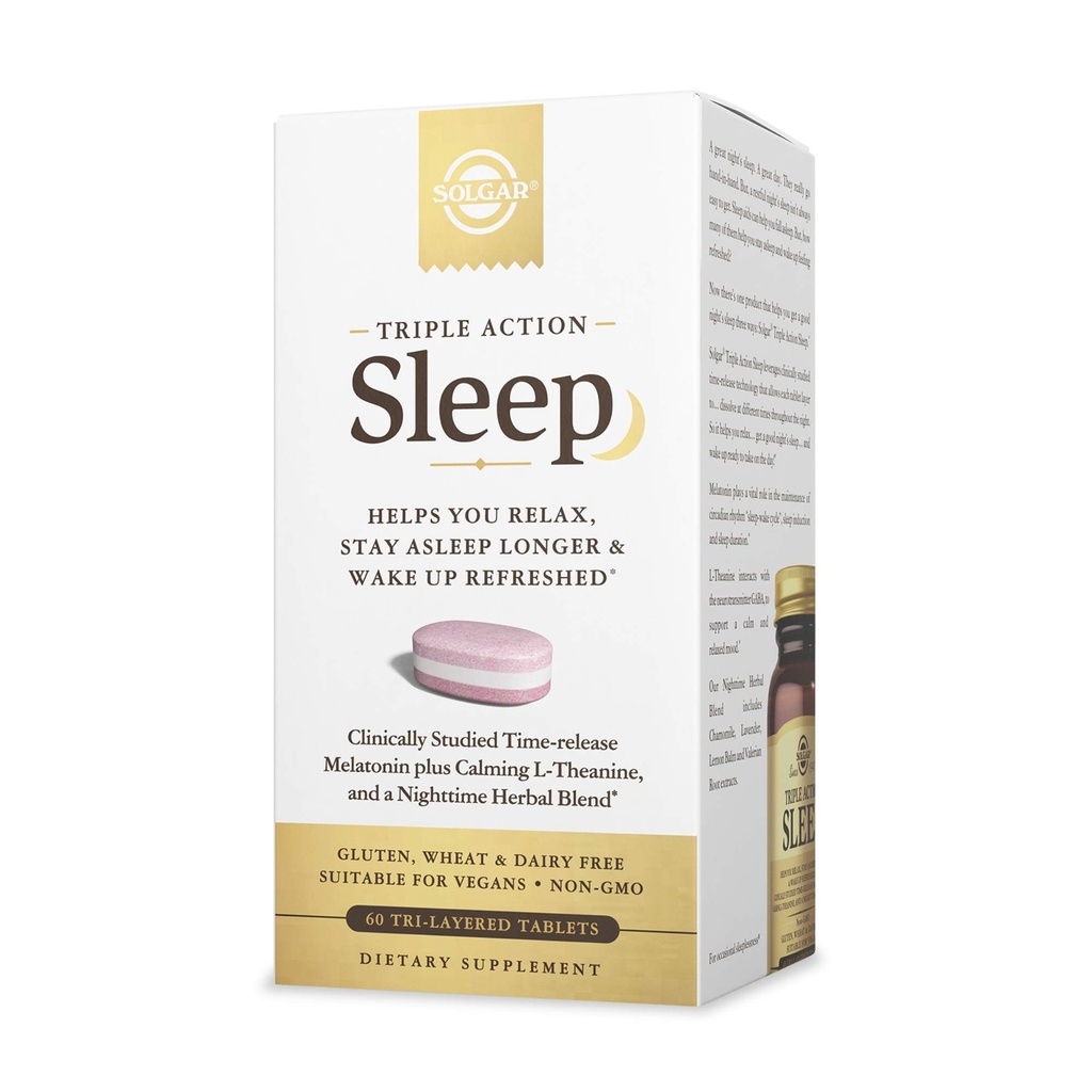Solgar Triple Action Sleep, 60 comprimés Tri-Layer - Melatonine et L-Theanine Plus Mélange à base de plantes - vous aide à vous détendre, à dormir rapidement et à rester plus longtemps - sans OGM, sans gluten - 60 portions