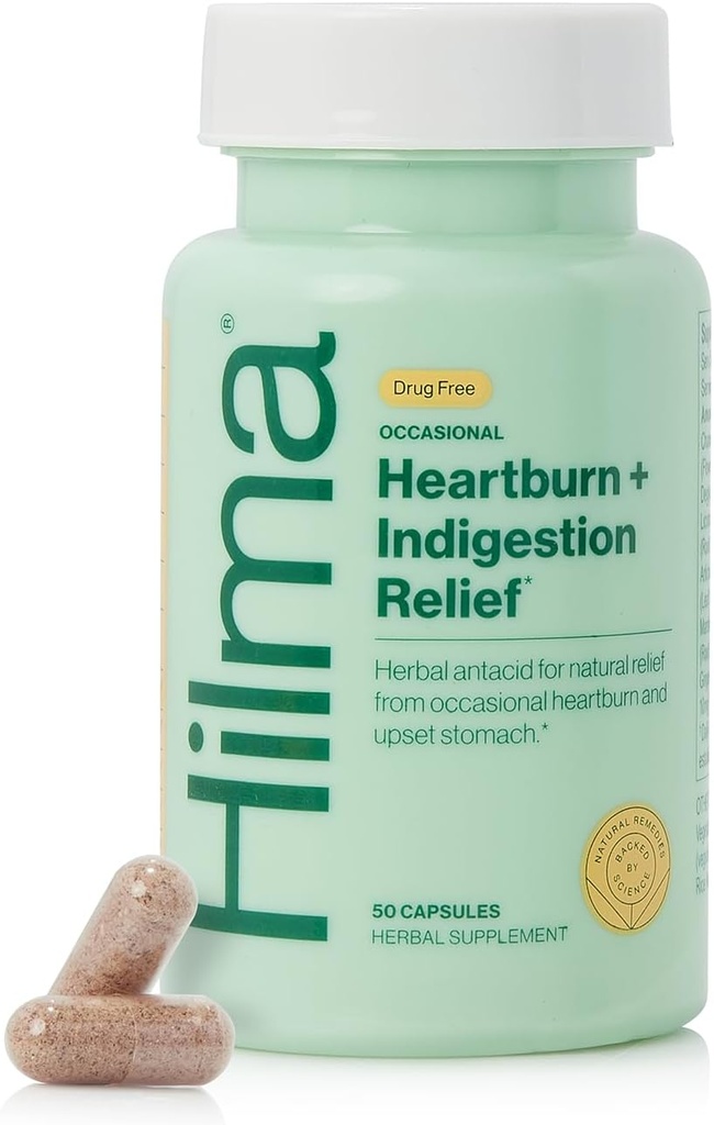 Hilma Heartburn & Indigestion Relief, Antiacide naturel pour le reflux d'acide occasionnel et brûlures d'estomac, Gingembre, Camomille, Racine de marshmallow et plus, Doctor Formulé et cliniquement étudié, 50 Capsules Vegan