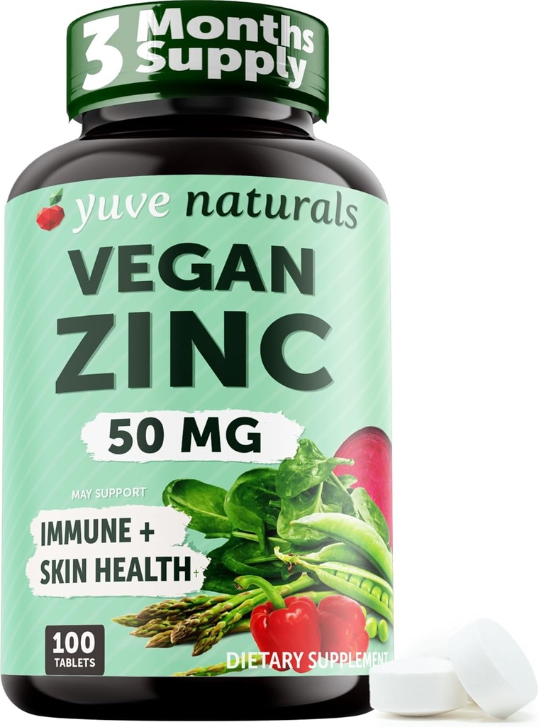 Yuve Naturals Zinc végétalien 50 mg - Gluconate de zinc pour le soutien immunitaire et cutané - Sans gluten, sans OGM, à base végétale - 100 comprimés faciles à avaler